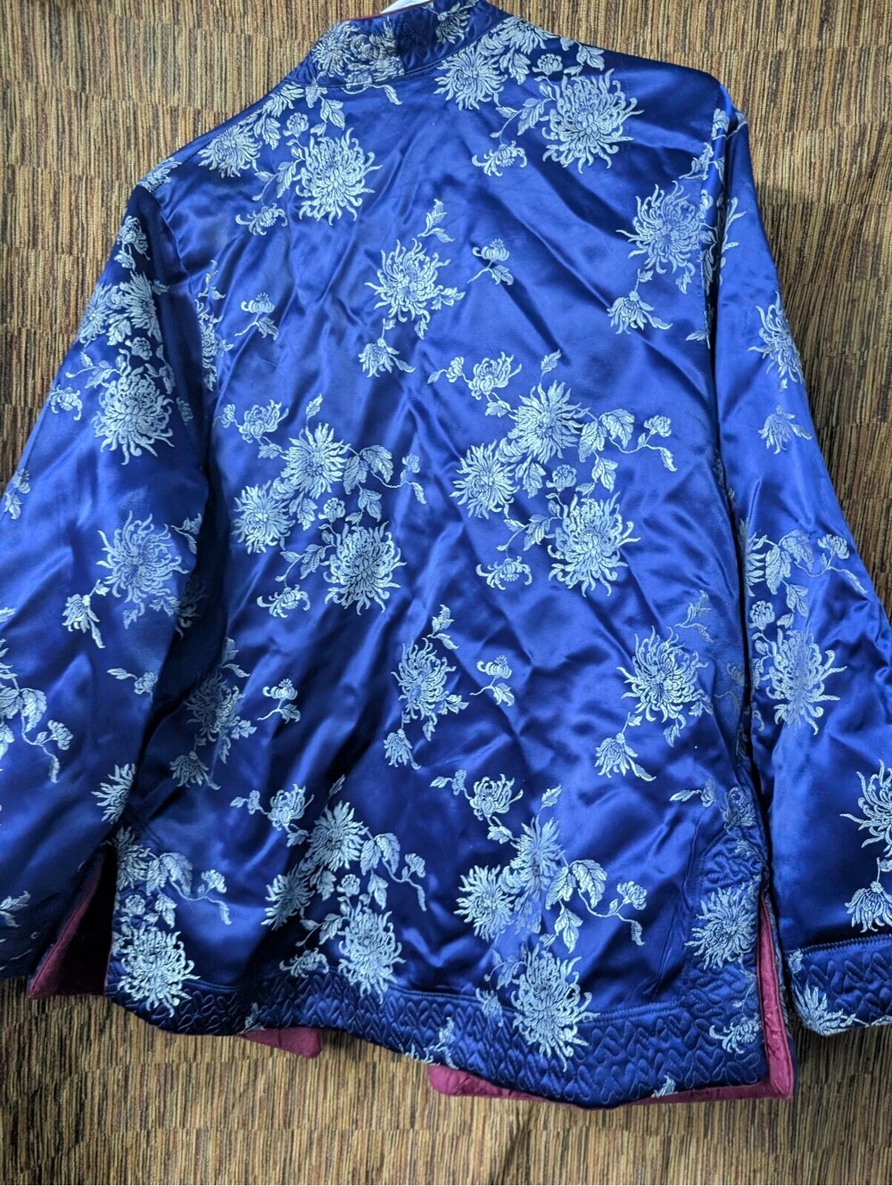 Vintage Blue Satin Floral Embroidered Jacket with Maroon Lining - Picture 5 of 10